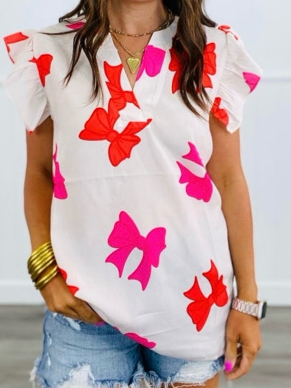 BiBi Cream Blouse with Hot Pink & Red Bow Print